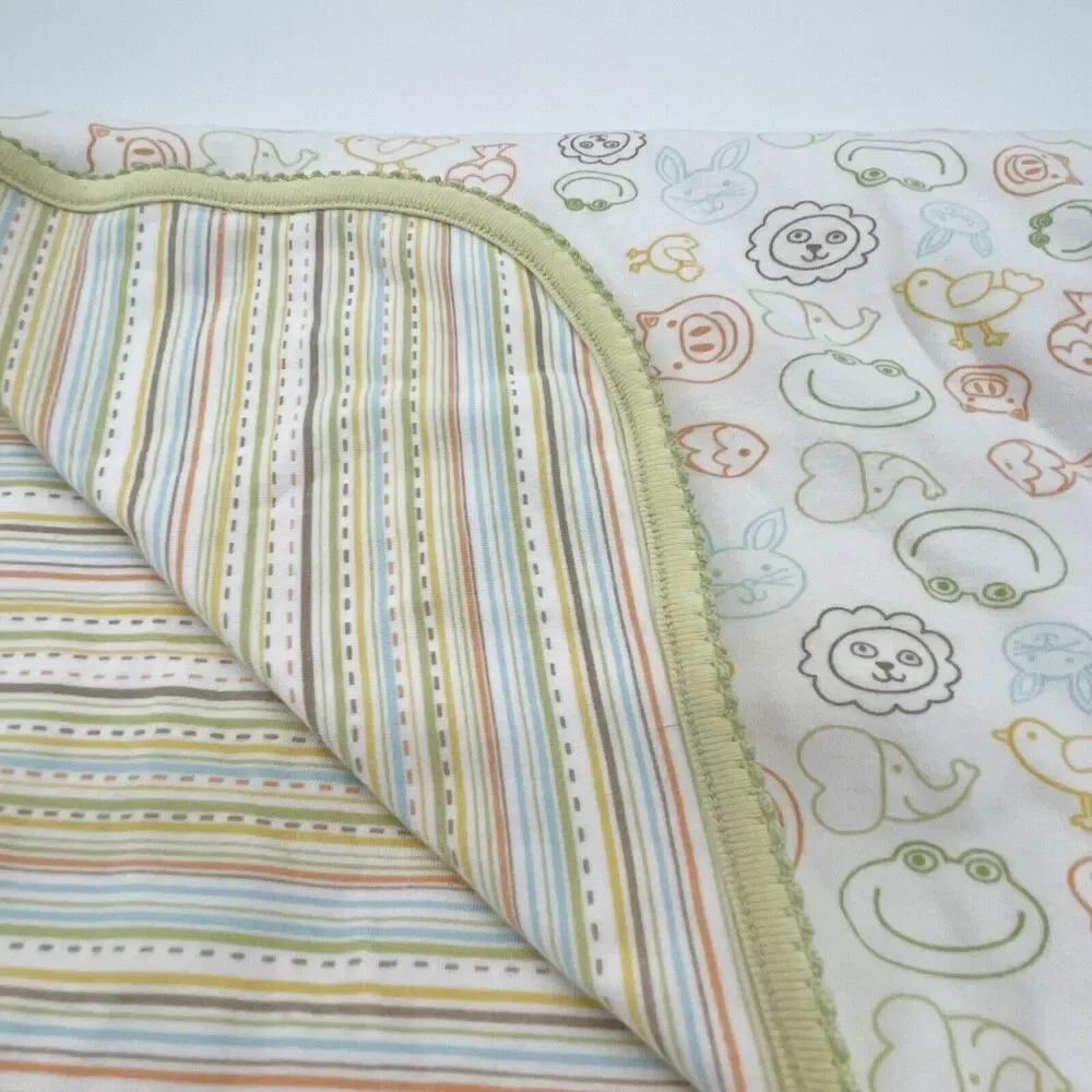 Nordstrom Layette Green Animal Striped Unisex Baby Blanket Lions Pigs Frogs Fish